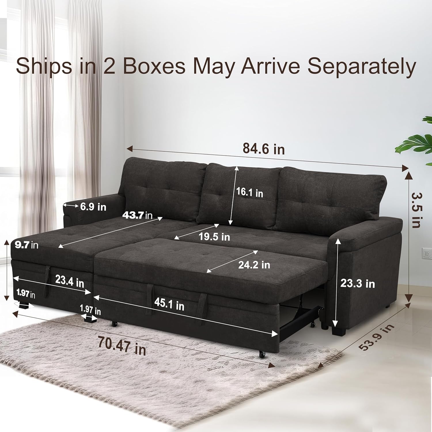 Espresso Velvet Sleeper Sectional Sofa Bed Chaise Set ShipItFurniture
