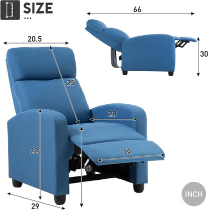 Blue Recliner Chair With Lumbar Support And Push Back Recline ShipItFurniture