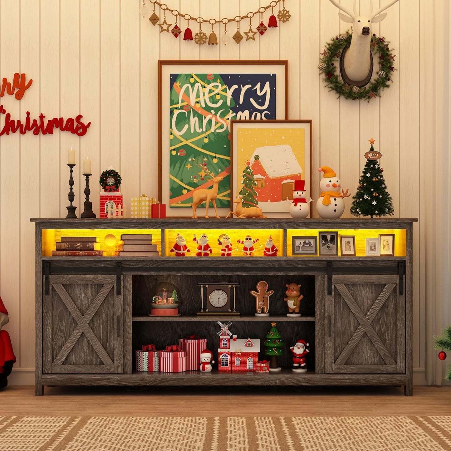 Wooden Farmhouse TV Stand 70 Inch With Double Storage