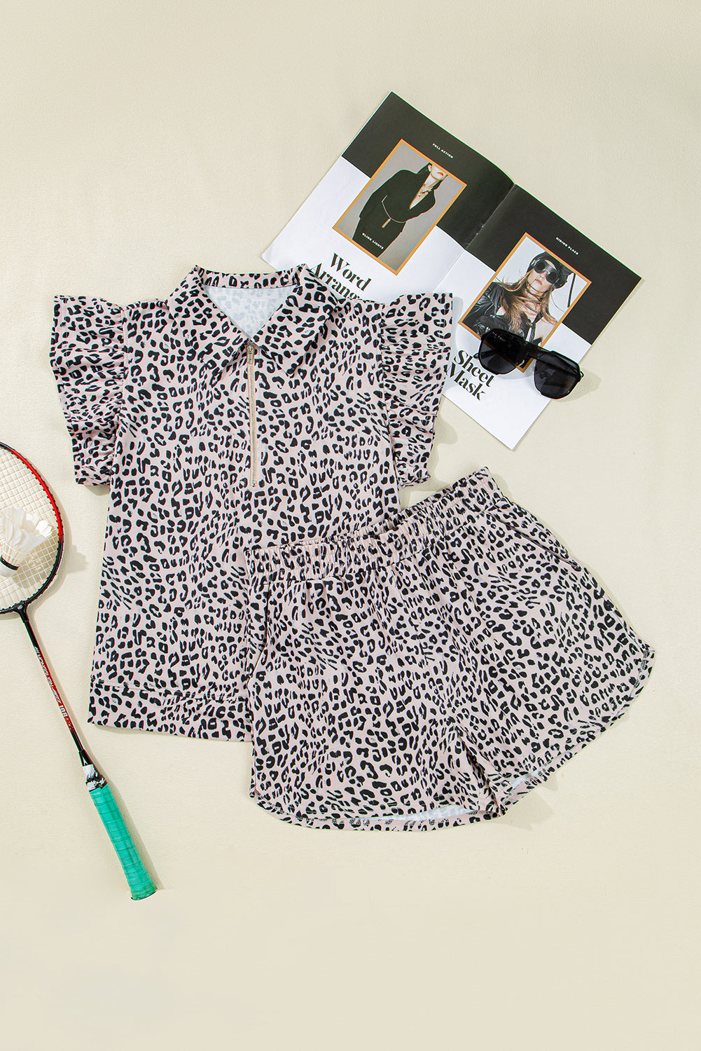 Leopard Half Zipper Collared Ruffled Sleeve Top and Short Set