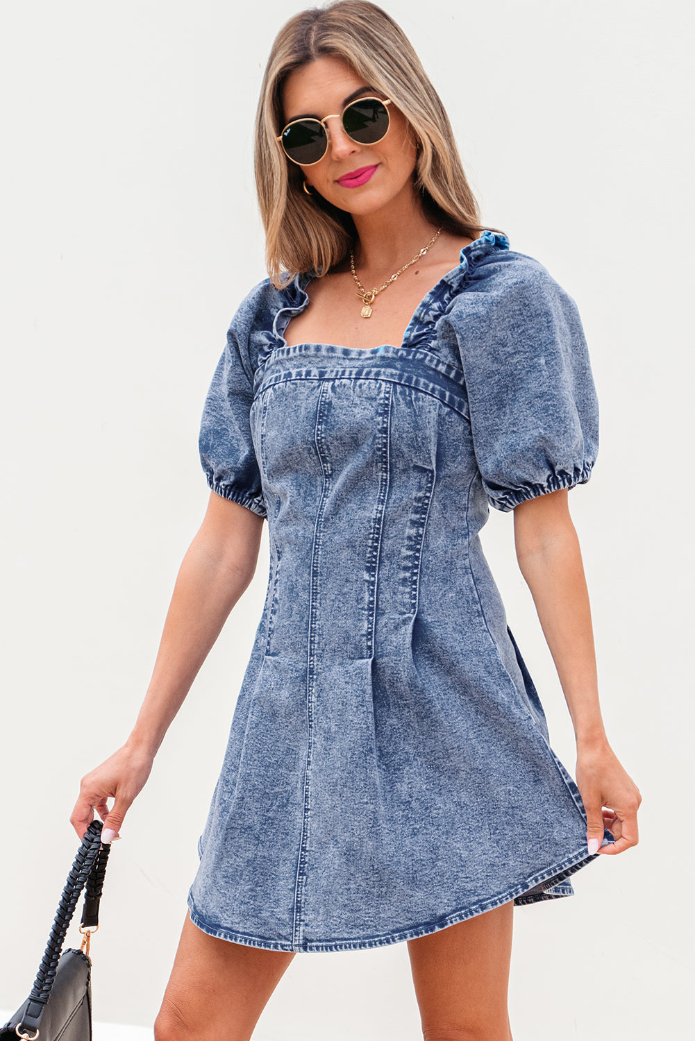 Celia Square Neck Bustier Puff Sleeve Short Denim Dress