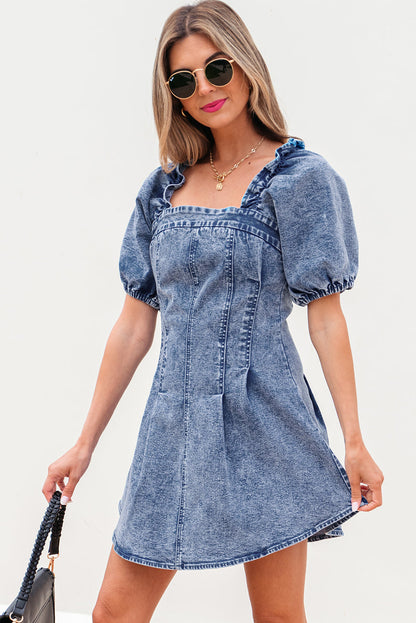 Celia Square Neck Bustier Puff Sleeve Short Denim Dress
