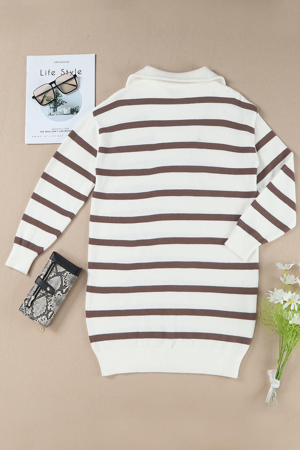 Iris Striped Zip Collared Loose Sweater Mini Dress Threaded Pear