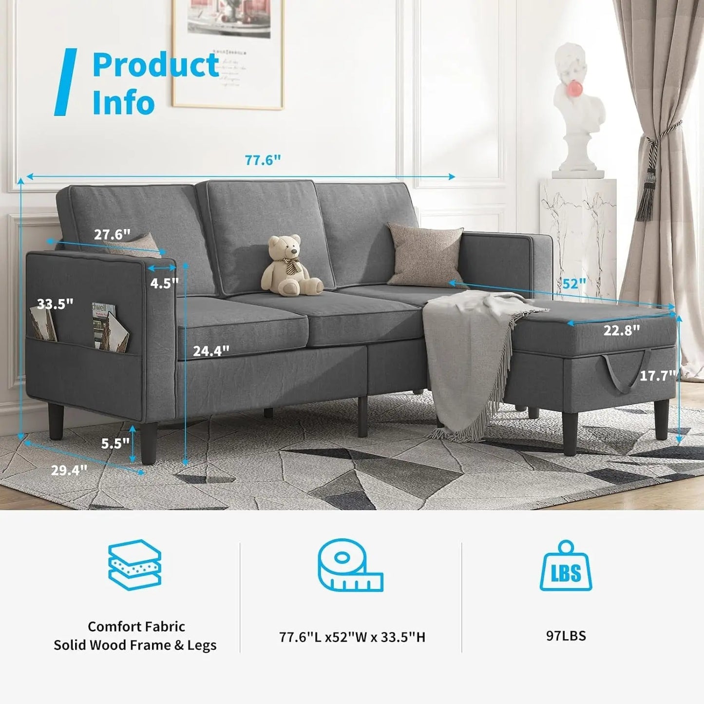 Dark Grey Convertible Sectional Sofa With Storage Ottoman ShipItFurniture