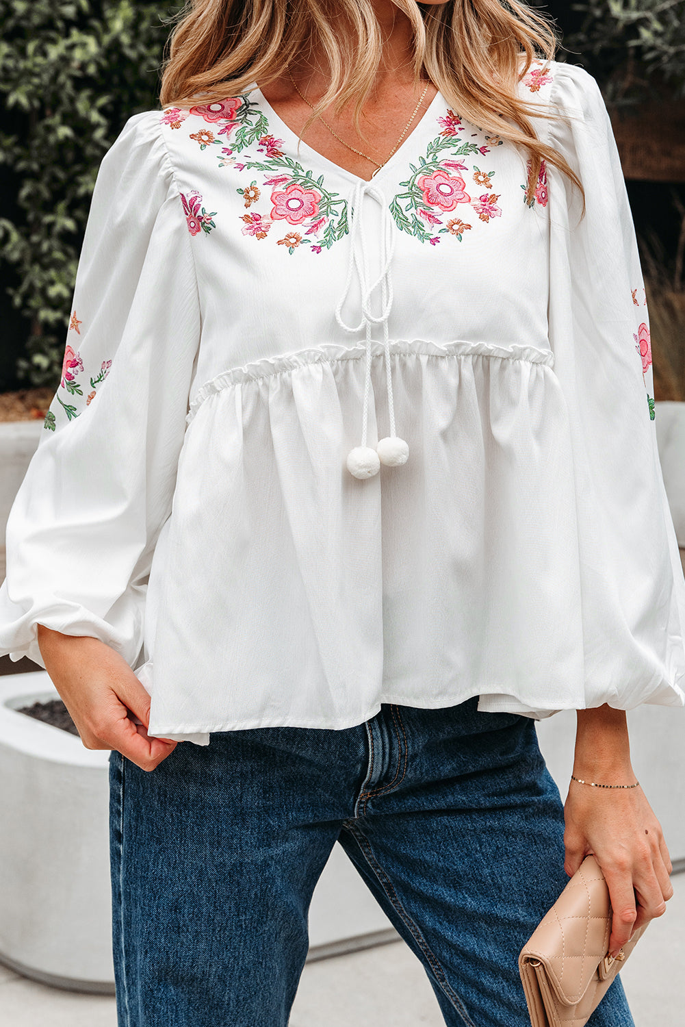 Skylar Flower Lace-up Babydoll Blouse Threaded Pear