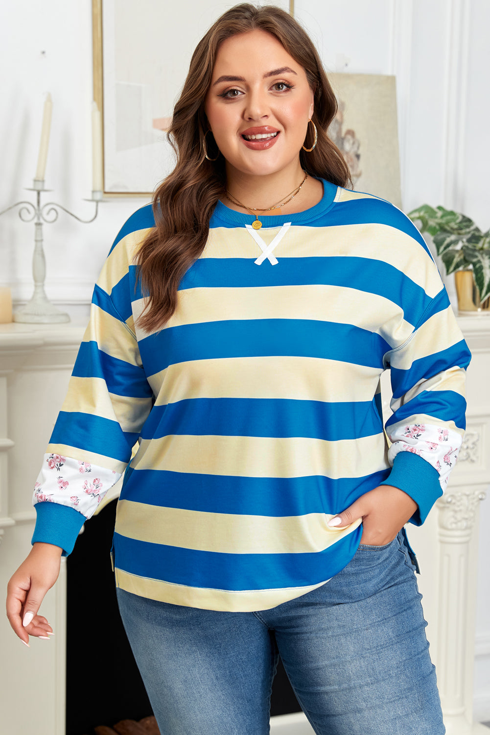 Blue Stripe Floral Color Block Drop Shoulder Plus Size Pullover Top