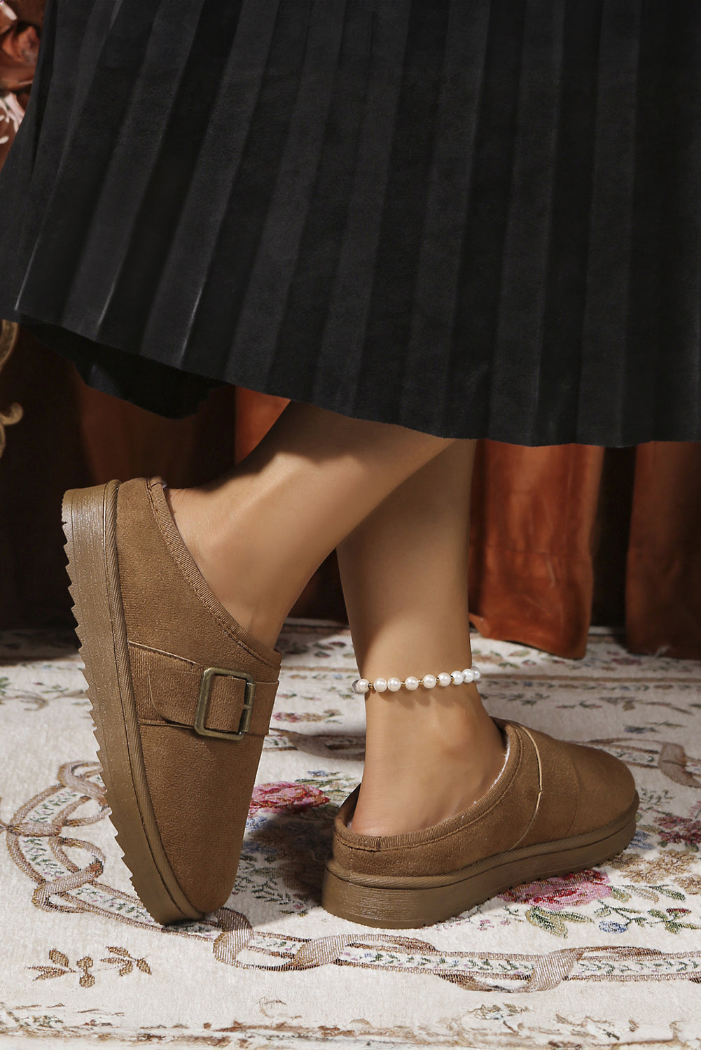Jasmine Faux Suede Buckle Strap Detail Winter Slippers Threaded Pear