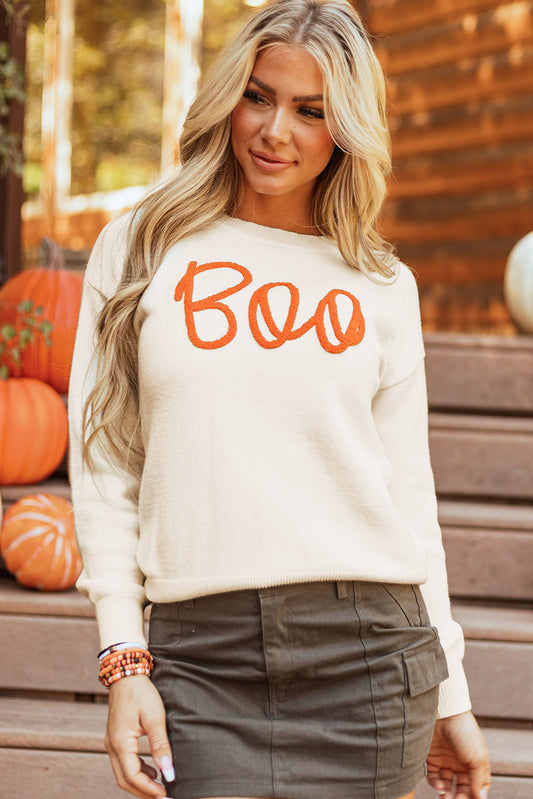 Boo Knitted Pattern Ribbed Edge Sweater Threaded Pear