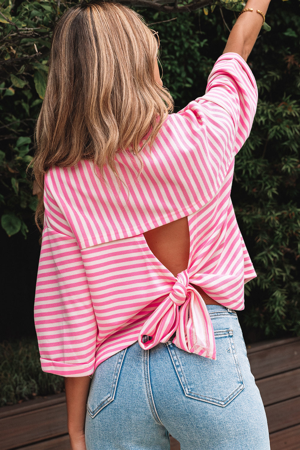 Riley Stripe Bowknot Cutout Back Loose Top Threaded Pear