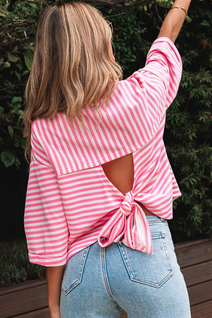 Riley Stripe Bowknot Cutout Back Loose Top