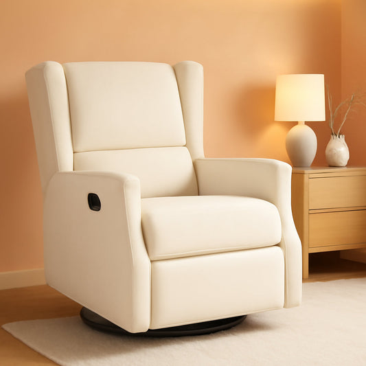 Omma Swivel Glider Rocking Recliner Cream Upholstered 3In1 ShipItFurniture