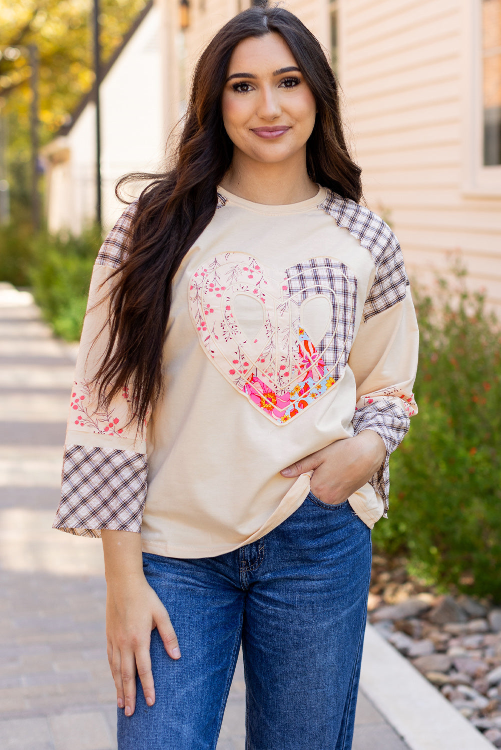 Emilia Plaid Floral Peace Heart Long Sleeve Top Threaded Pear