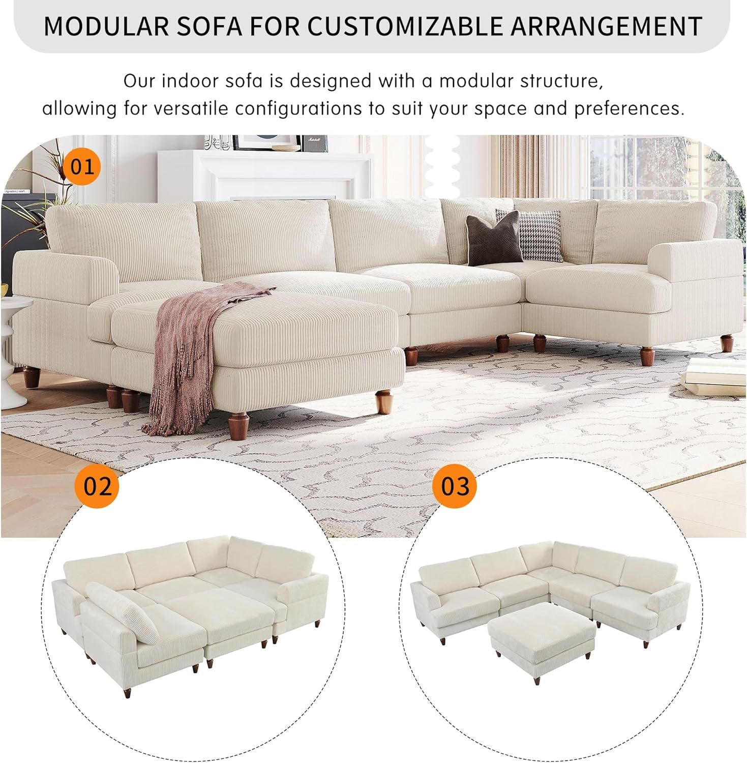 L Shaped Beige Corduroy Sectional Sofa With Ottoman ShipItFurniture