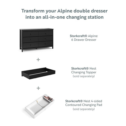 Alpine 6 Drawer Double Dresser (Black) – GREENGUARD Gold Certified, Dresser for Nursery, 6 Drawer Dresser, Kids Dresser, Nursery Dresser Drawer Organizer, Chest of Drawers ShipItFurniture