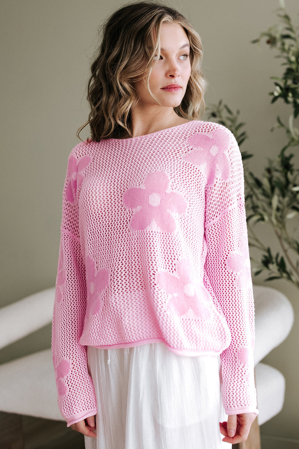 Dulce Big Flower Hollowed Knit Drop Shoulder Sweater