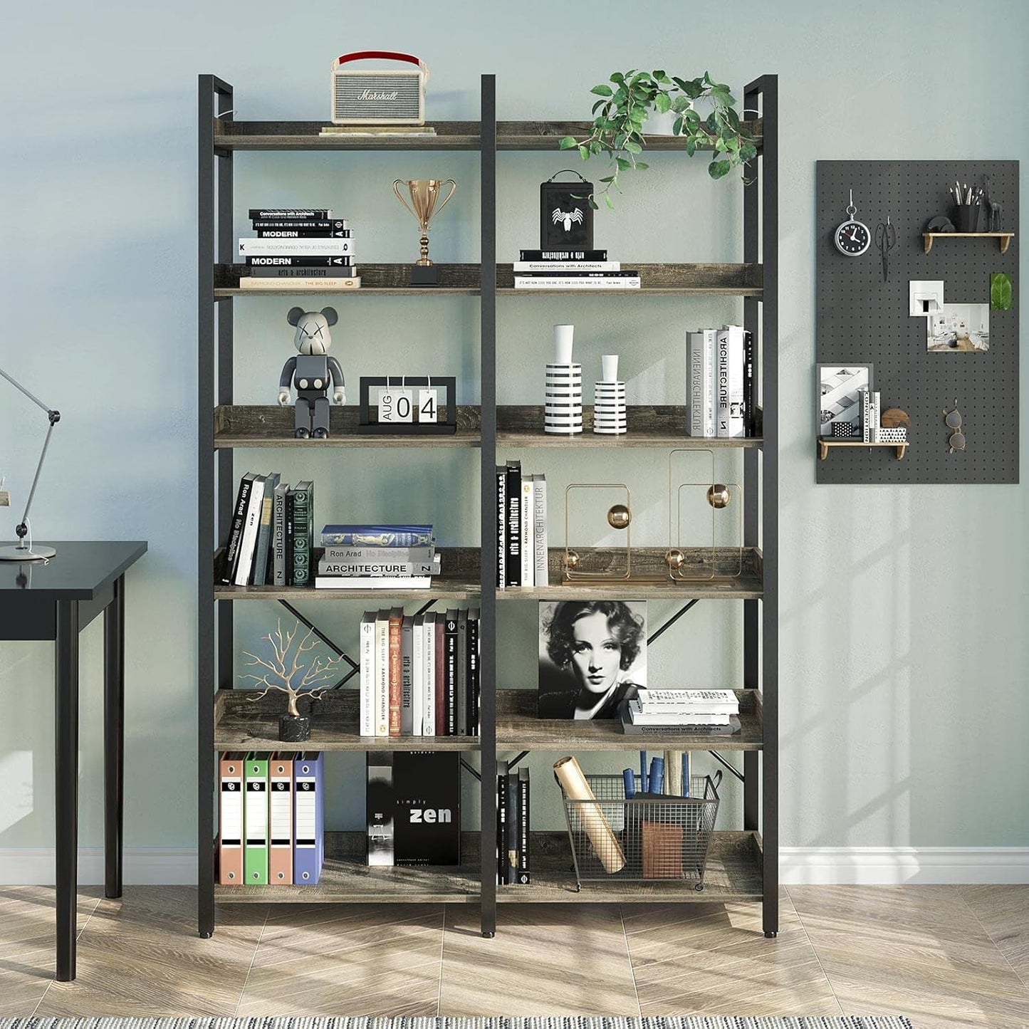 67 Inch Gray Industrial 6 Shelf Bookcase With Hooks ShipItFurniture