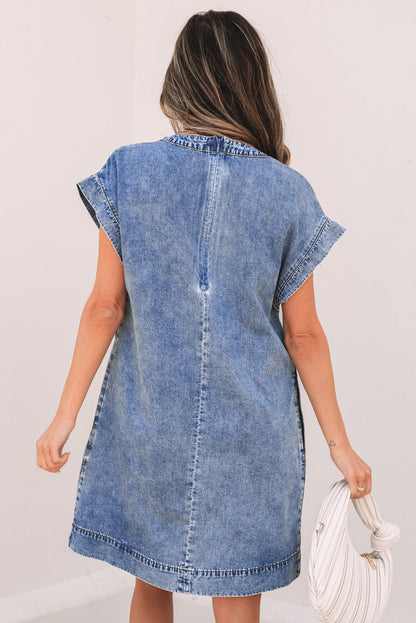 Jacqueline Tie V Neck Denim Shift Dress