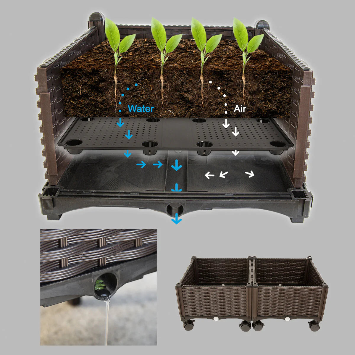 Barton 2 Pieces Rolling Garden Bed Brown Plastic w/Self-Watering Design Outdoor