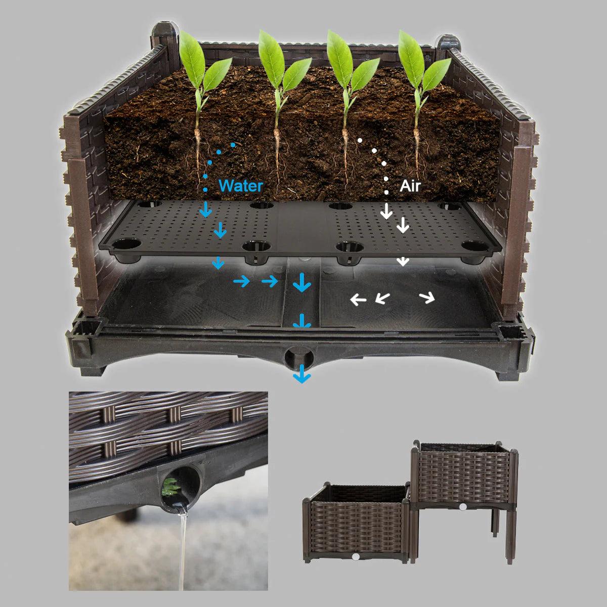 Barton 2 Pieces Raised Garden Bed Brown Plastic w/Self-Watering Design Outdoor