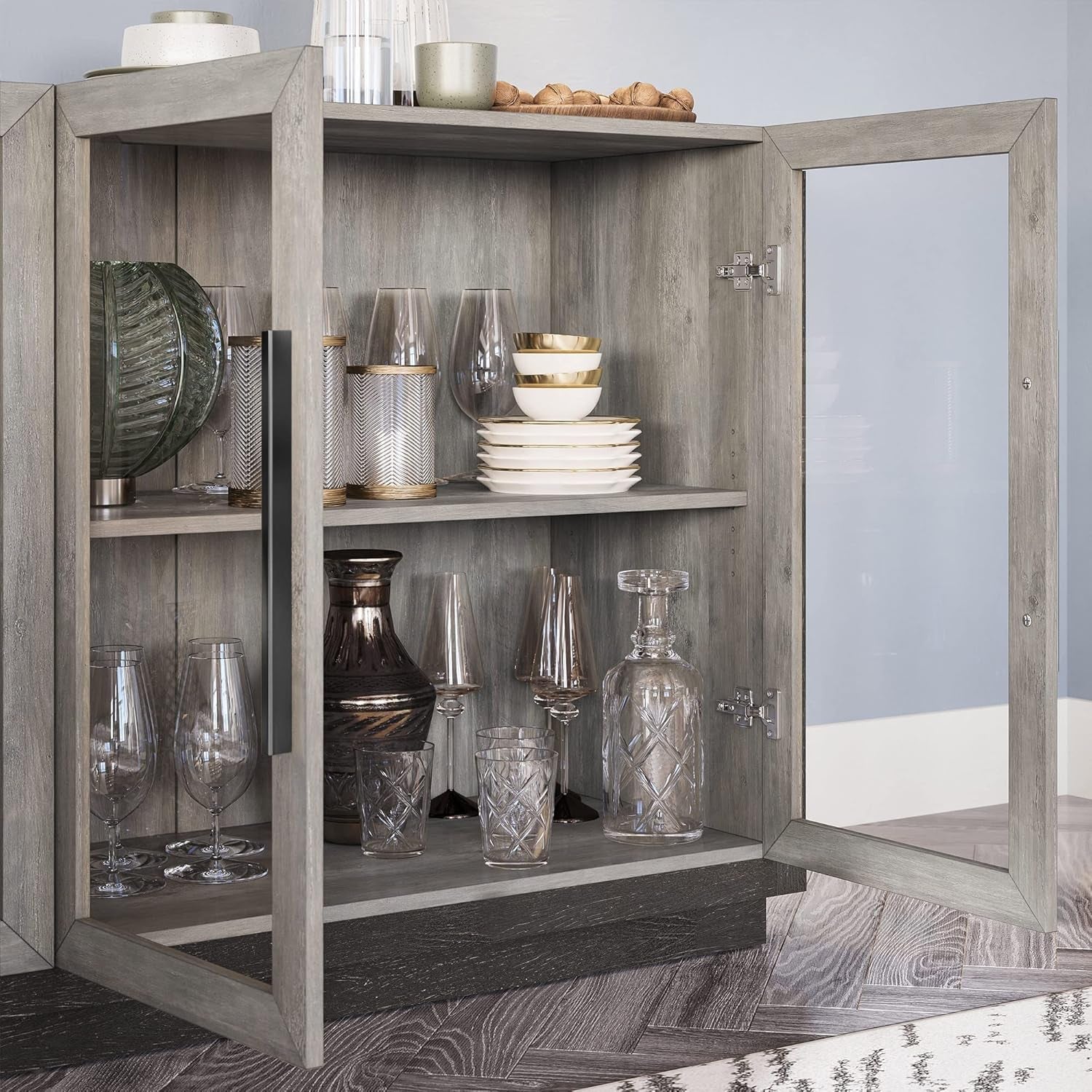 Grey Glass Doors Buffet Cabinet For Dining Room And Living Room ShipItFurniture