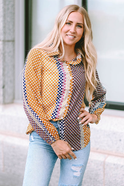 Brown Dot Print Long Sleeve Button Down Shift PLUS Shirt