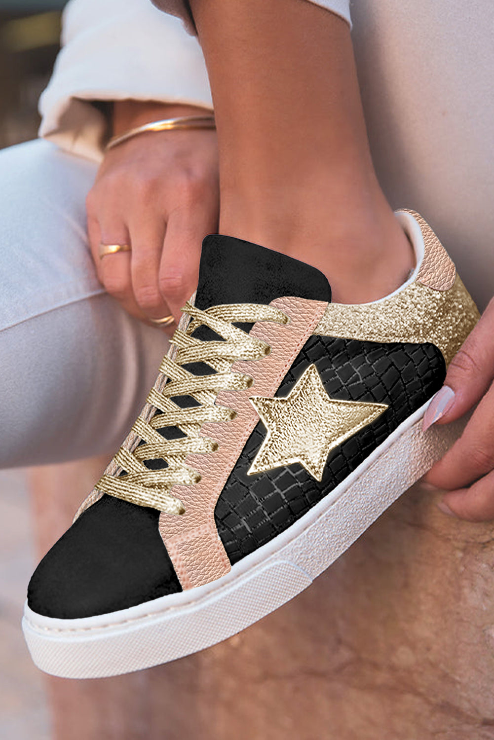 Clare Gold Glitter Star Lace-up Sneakers Threaded Pear