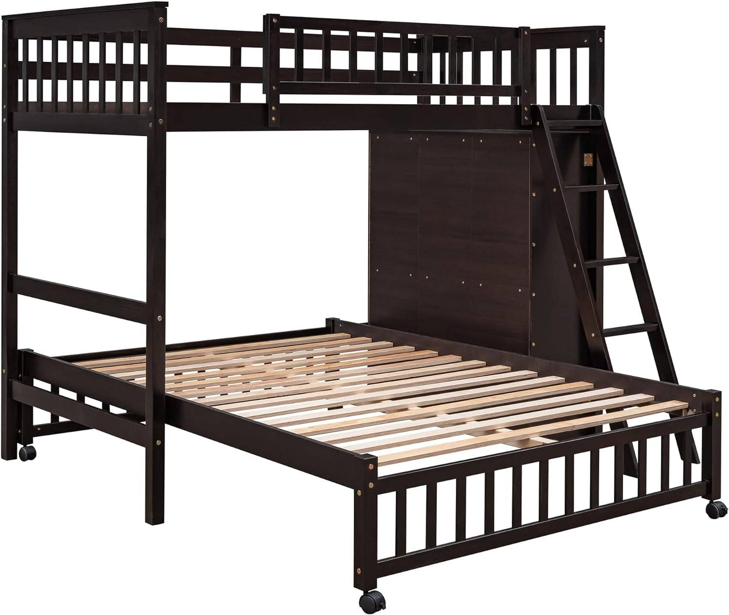 Twin over Full Bunk Bed with Storage, Solid Wood Bunk Bed with 6 Drawers and 3 Flexible Shelves, Twin Loft Bed with Movable Lower Bed, Bottom Bed with Wheels, for Kids Teens Adults (Espresso) ShipItFurniture