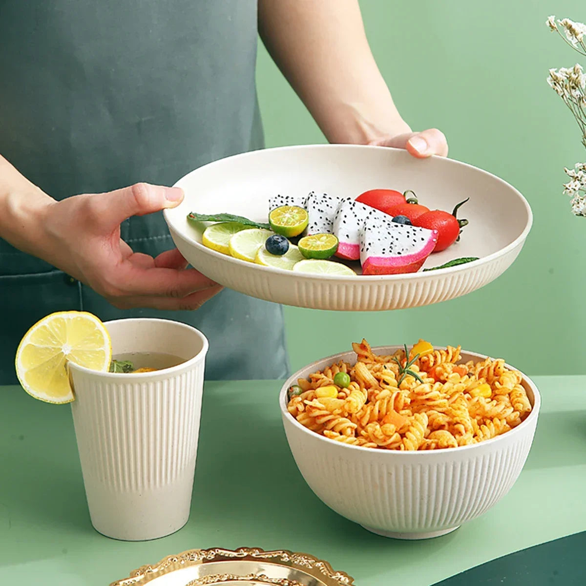 16Pcs Wheat Straw Tablewar Sets Bowl Saucers Plate Sets Portable Picnic Cutlery Knife Fork Black Dinnerware Camping Dishes Full Get it from Bo