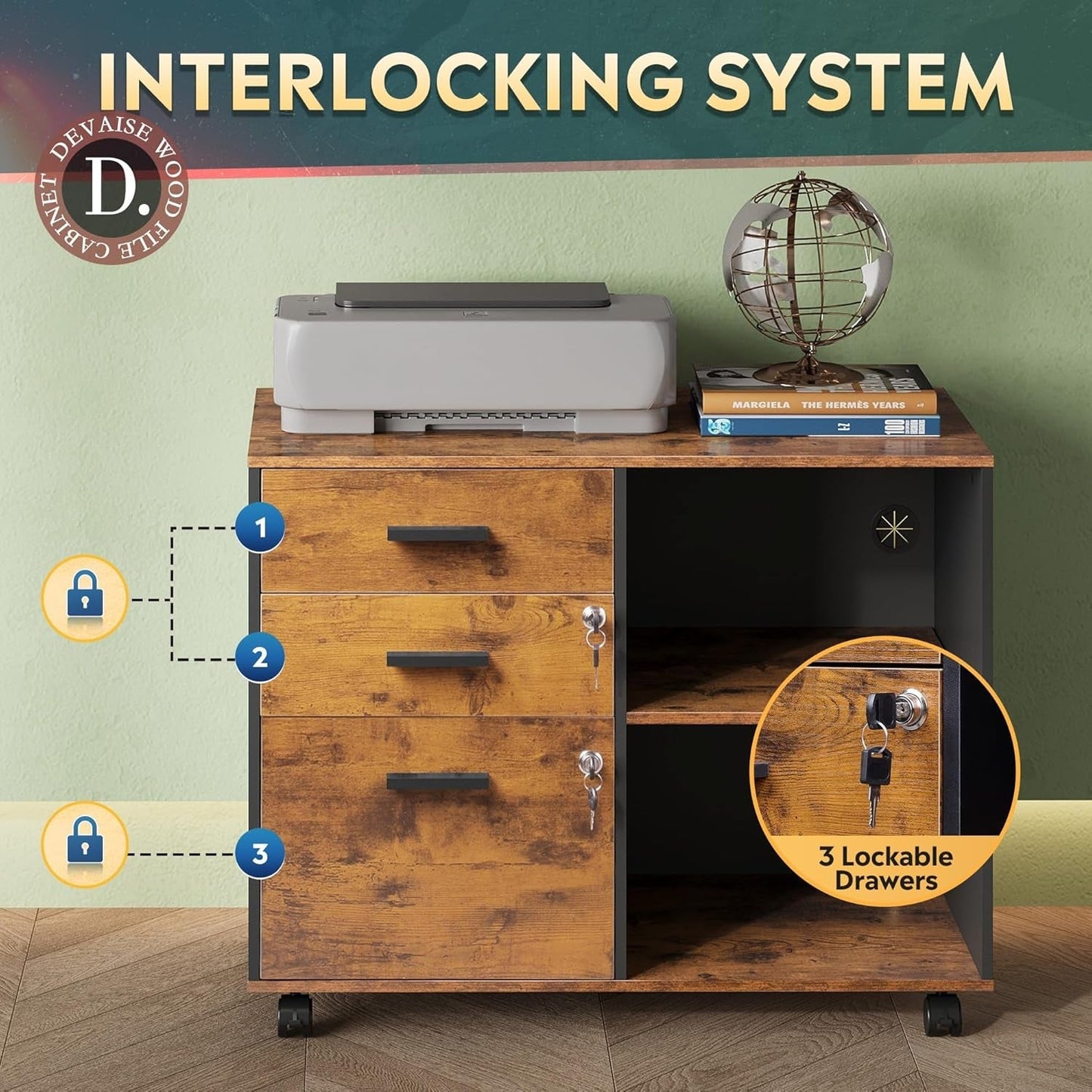 3 Drawer Wood File Cabinet With Lock For Home Office ShipItFurniture