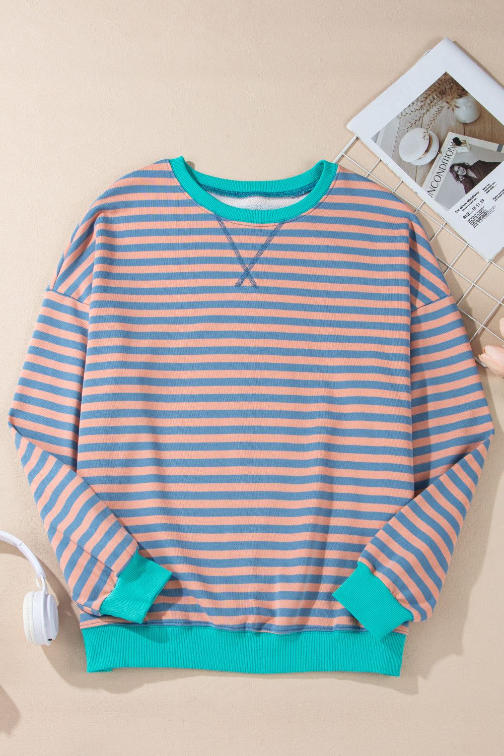 Elliana Stripe Crossed Stitch Drop Shoulder Sweatshirt Threaded Pear