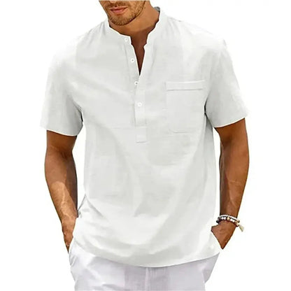 Men's Cotton Linen Shirt Henley Neck Pocket Streetwear Get it from Bo