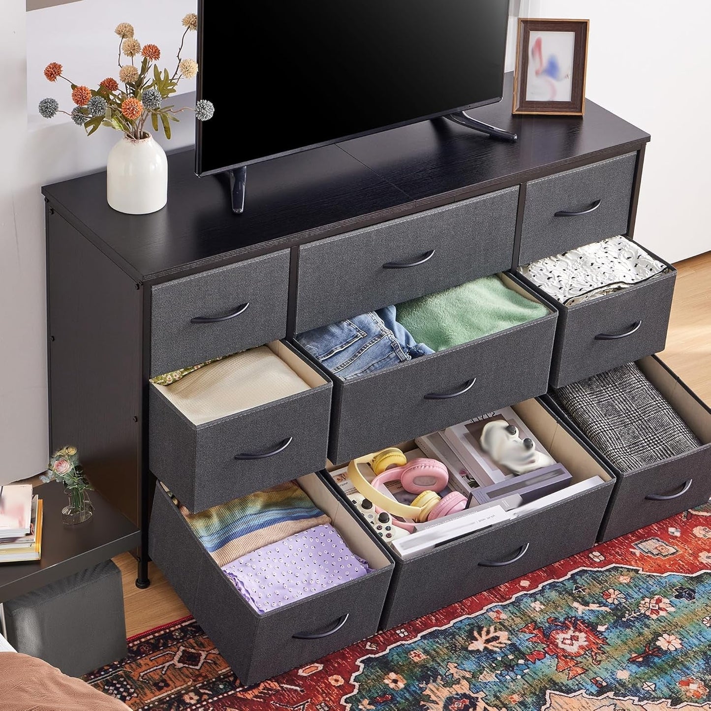 Dresser, Dresser for Bedroom with 9 Drawers, Wide Dresser TV Stand for 55” TV Stand for Bedroom Dresser Long Dressers & Chests of Drawers, Metal Frame&Wood Top, Closet, Hallway, Grey ShipItFurniture