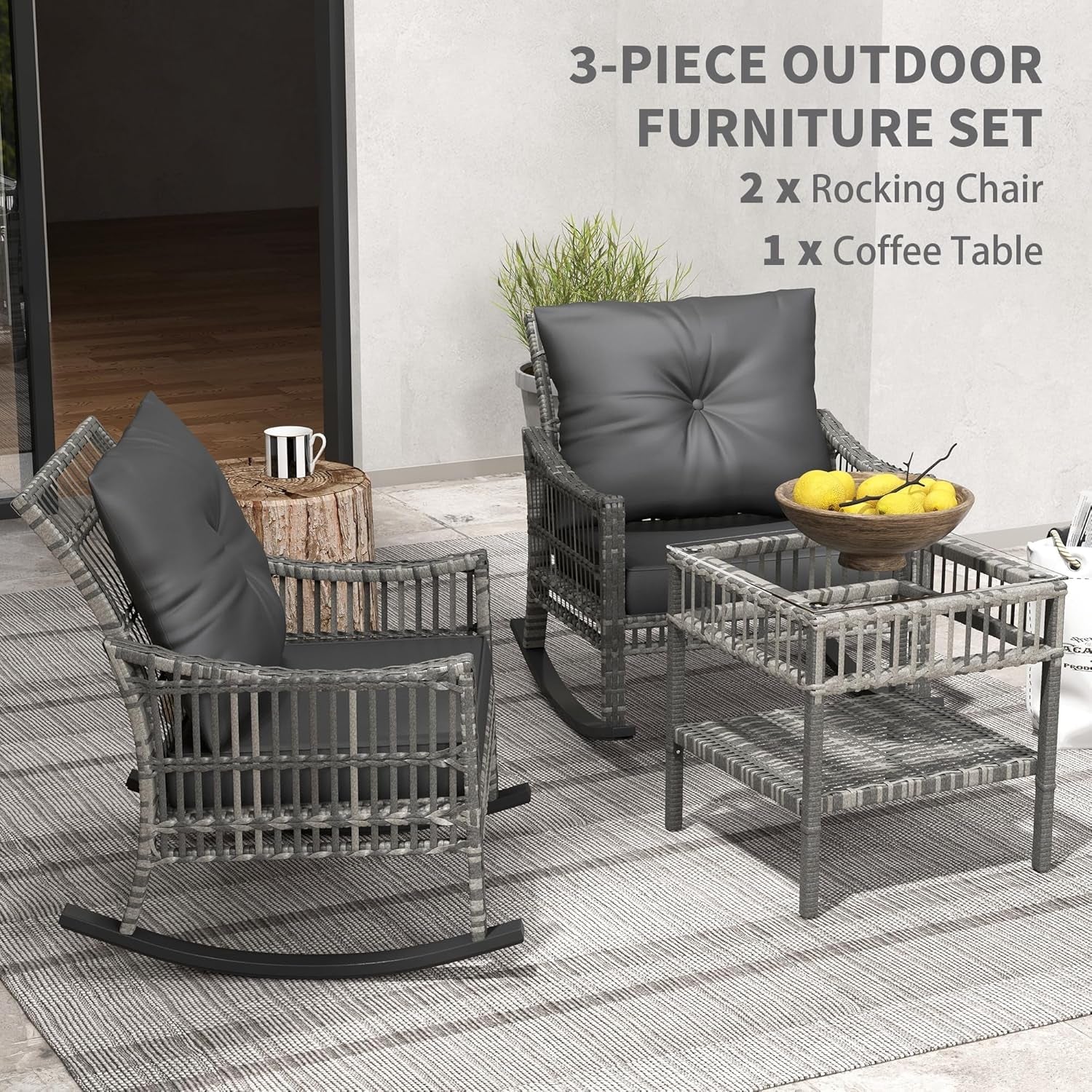 Wicker Outdoor Rocking Chair Set with Storage Table ShipItFurniture