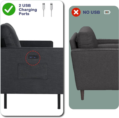 3 Piece Living Room Furniture Set With 3 Seat Couch Loveseat And USB Ports Dark Grey ShipItFurniture