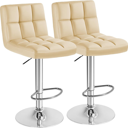 Bar Stools Modern Pu Leather Swivel Adjustable Hydraulic Bar Stool Square Counter Height Stool Set of 2 (Beige) ShipItFurniture