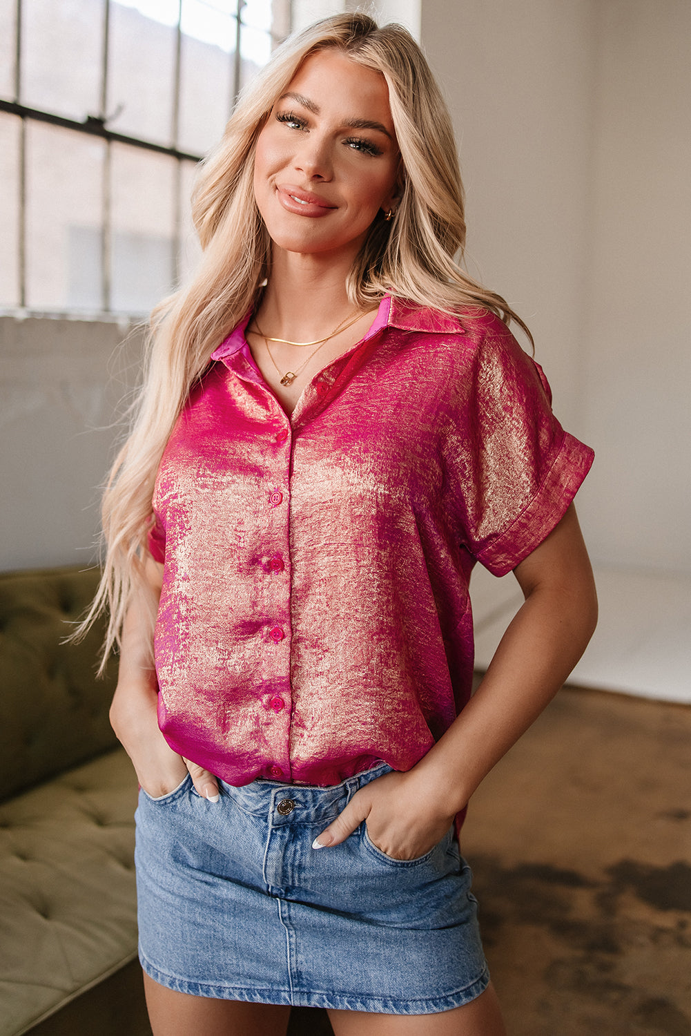 Amoura Metallic Sheen Buttoned Top