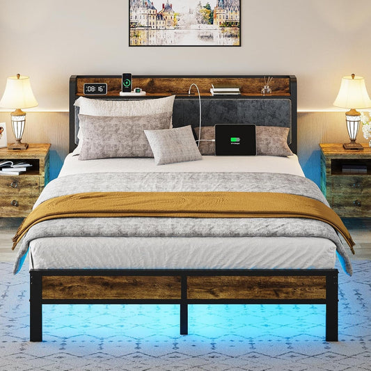 Queen Bed Frame With USB Charging LED Illumination ShipItFurniture