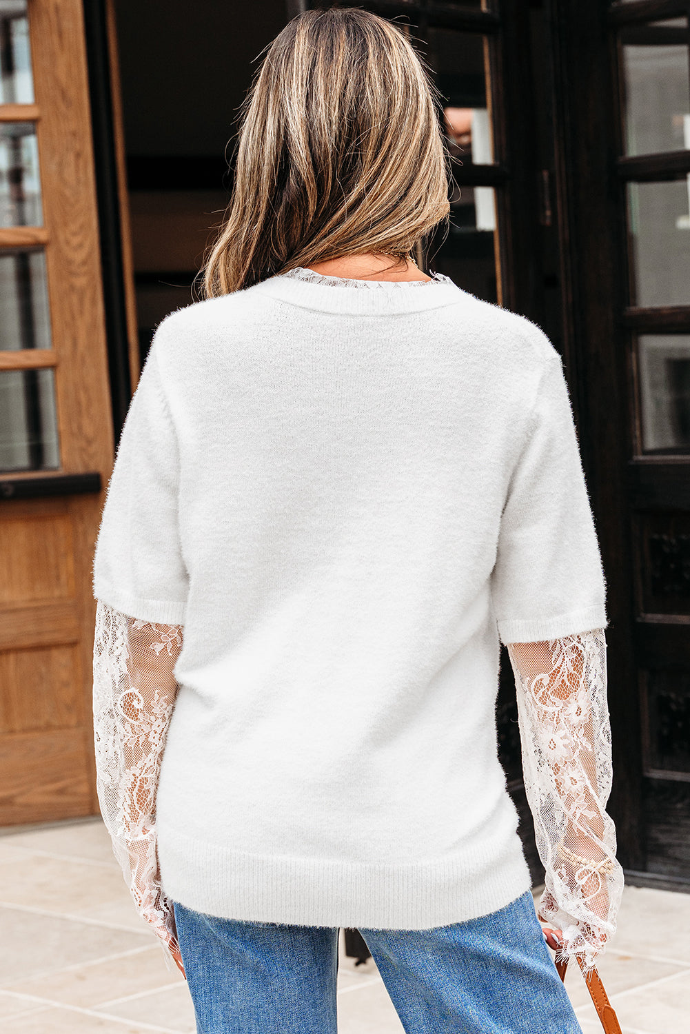 Samantha Lace Sleeve Two-piece Fuzzy Sweater Threaded Pear