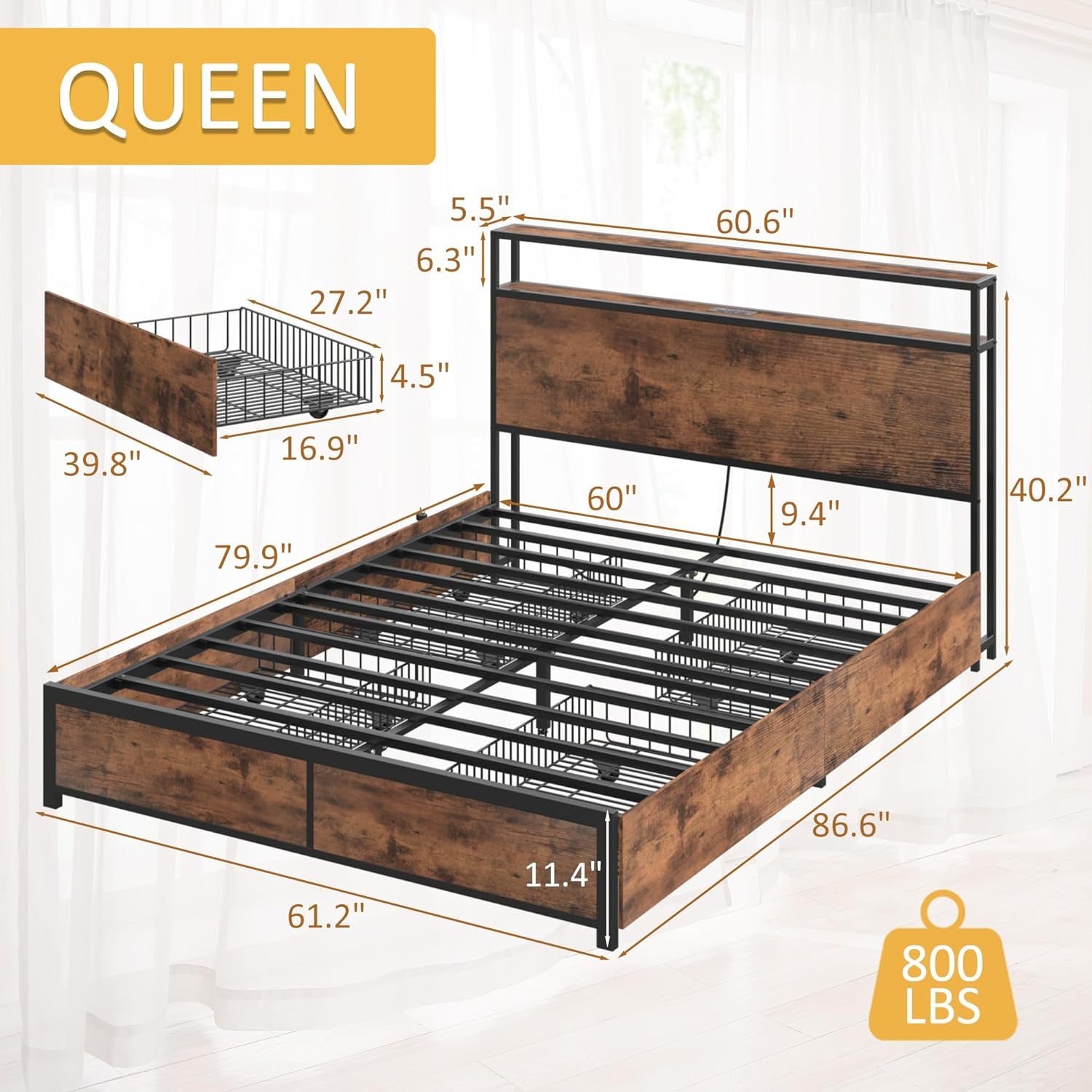 Vintage Queen Bed Storage Headboard, Drawers, Charge, LED ShipItFurniture