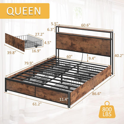 Vintage Queen Bed Storage Headboard, Drawers, Charge, LED ShipItFurniture