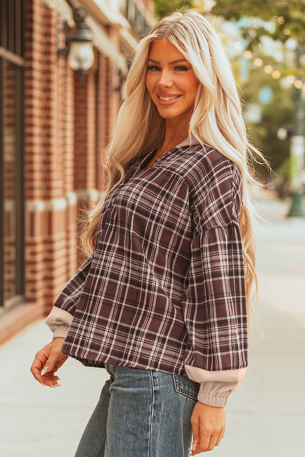 Lauren Plaid Patchwork Long Sleeve Hooded Top