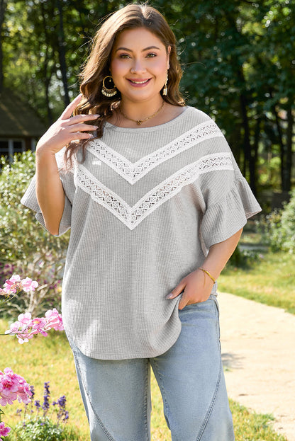Rory Plus Size Lace Insert Waffle Ruffle Top
