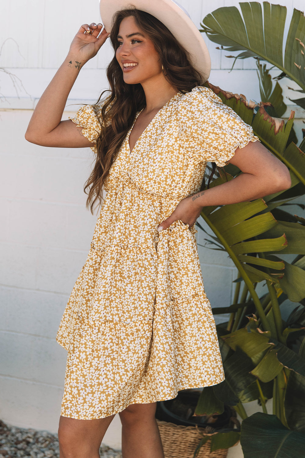 Charleigh Floral Short Sleeve Mini Dress Threaded Pear