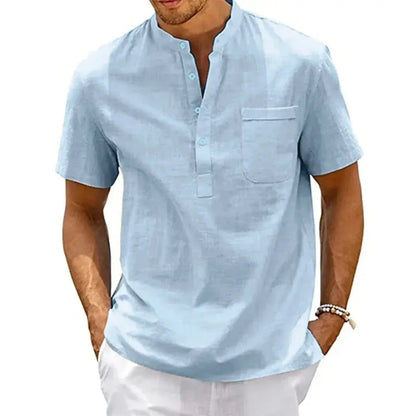 Men's Cotton Linen Shirt Henley Neck Pocket Streetwear Get it from Bo