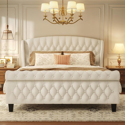 Queen Velvet Sleigh Bed With Wingback Headboard White ShipItFurniture