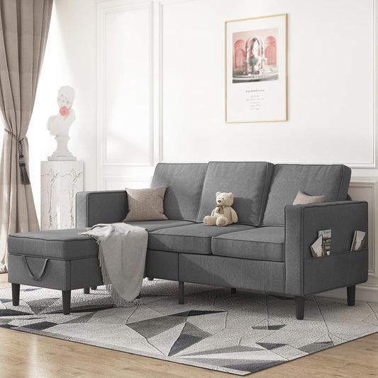 Dark Grey Convertible Sectional Sofa With Storage Ottoman ShipItFurniture