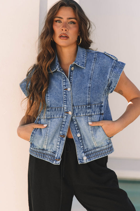 Nora Blue Acid Wash Elastic Hem Button Up Denim Vest Threaded Pear