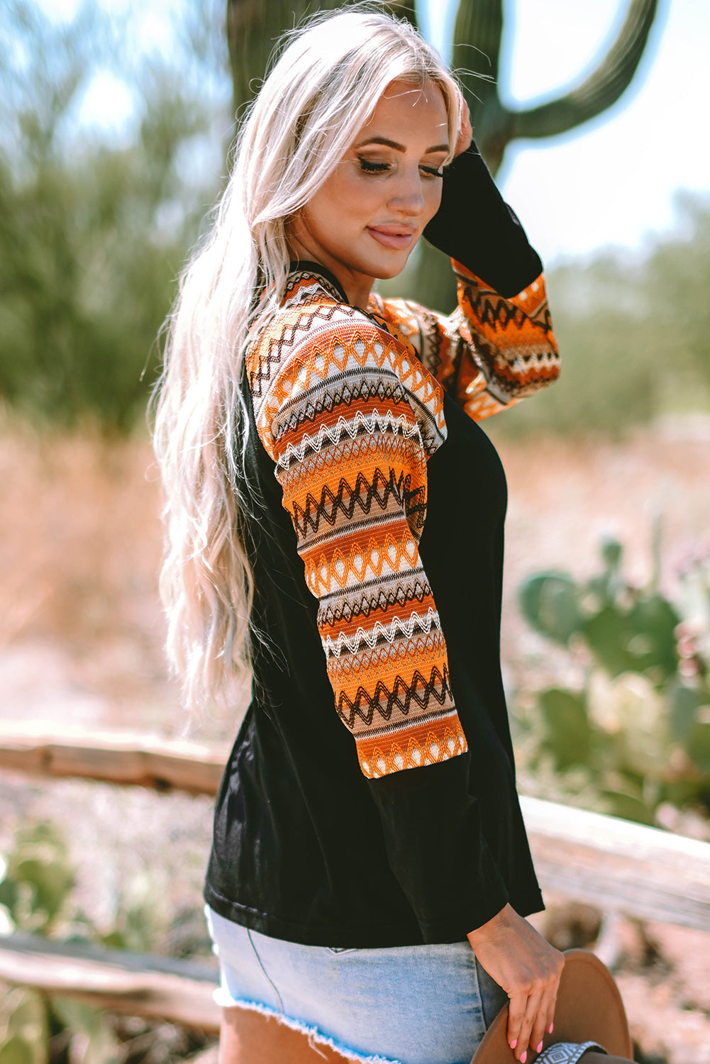 Aurora Raglan Patchwork Long Sleeve Top Threaded Pear