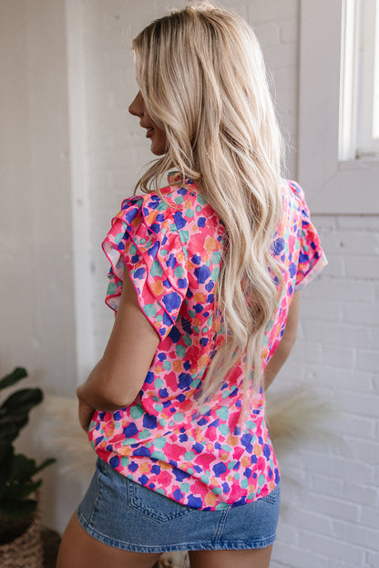 Arlet Abstract Ruffled Sleeve V Neck Blouse