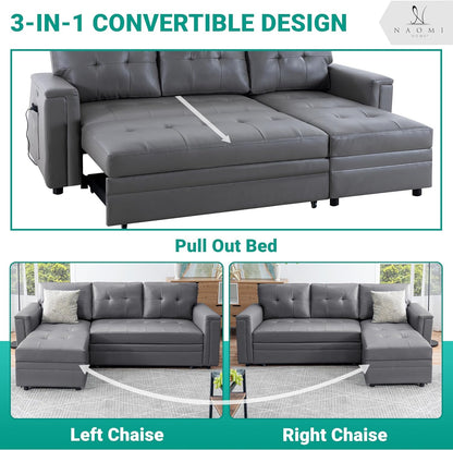 L Shaped Sectional Sleeper Sofa With USB Ports Gray Leather ShipItFurniture